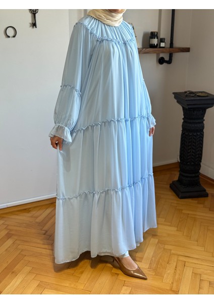 Bebe Mavisi Reglan Kol Büzgülü Şifon Elbise 1005