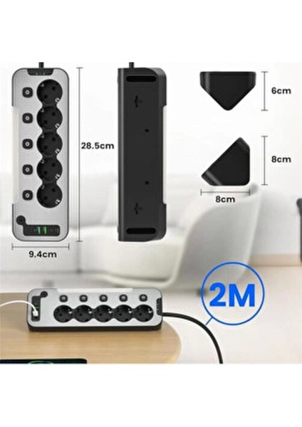 Bağımsız Anahtarlı 5'li Işıklı Akım Korumalı Çoklu Priz, 2x USB - 2x Type-C Giriş, Metal Ön fiyatları