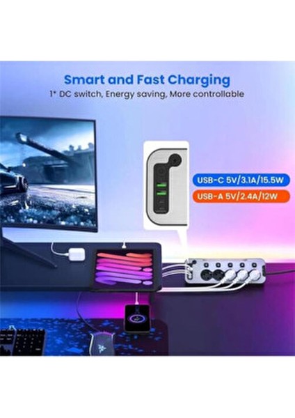 Bağımsız Anahtarlı 5'li Işıklı Akım Korumalı Çoklu Priz, 2x USB - 2x Type-C Giriş, Metal Ön modelleri