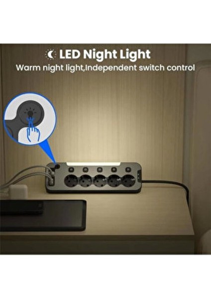 Bağımsız Anahtarlı 5'li Işıklı Akım Korumalı Çoklu Priz, 2x USB - 2x Type-C Giriş, Metal Ön fırsatları