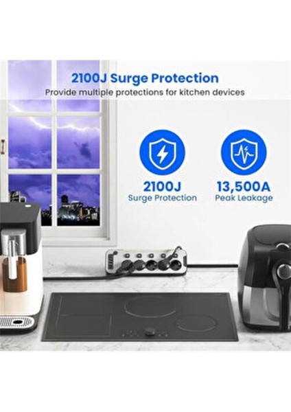 Bağımsız Anahtarlı 5'li Işıklı Akım Korumalı Çoklu Priz, 2x USB - 2x Type-C Giriş, Metal Ön indirimleri