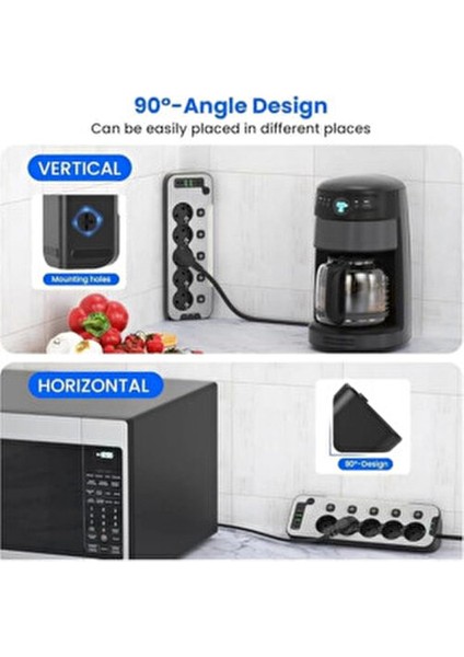 Bağımsız Anahtarlı 5'li Işıklı Akım Korumalı Çoklu Priz, 2x USB - 2x Type-C Giriş, Metal Ön