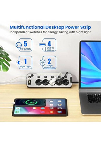 Bağımsız Anahtarlı 5'li Işıklı Akım Korumalı Çoklu Priz, 2x USB - 2x Type-C Giriş, Metal Ön