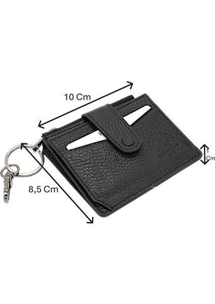 Hakiki Deri Anahtarlıklı ve Fermuarlı Bol Kart Bölmeli Unisex Kartlık - Siyah