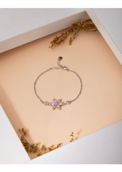 925 Ayar Pembe Taşlı Rodyum Lotus Çiçeği Gümüş Bileklik