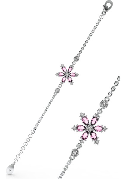 925 Ayar Pembe Taşlı Rodyum Lotus Çiçeği Gümüş Bileklik modelleri