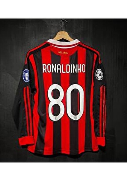 Milan 2006 Ronaldinho 10 Beyaz Yaka Kırmızı Siyah Uzun Kol Taraftar Forması