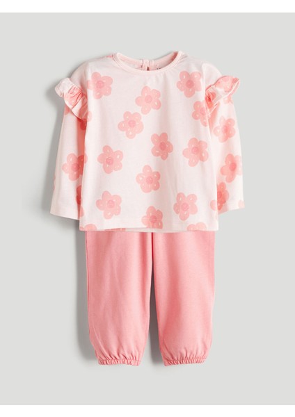 Yeni Sezon Çiçek Baskılı Fırfırlı Kız Bebek Bluz ve Tayt 2'li