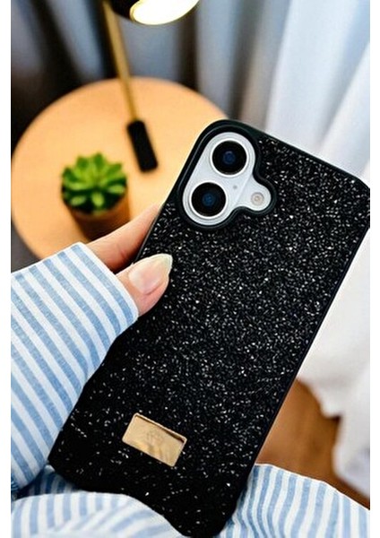 iPhone 16 Uyumlu – Elmas Tasarımlı, Siyah Taşlı, Işıltılı Pırlanta Silikon Kılıf