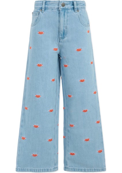 Figür Nakışlı Kız Çocuk Denim Pantolon
