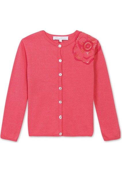 Fuşya Gül Nakışlı Kız Çocuk Hırka