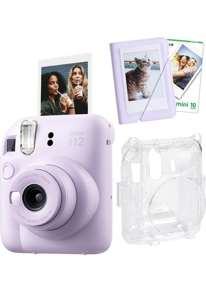 Instax Mini 12 Lila Fotoğraf Makinesi + 10'lu Film Mini Albüm ve Şeffaf Kılıf Seti