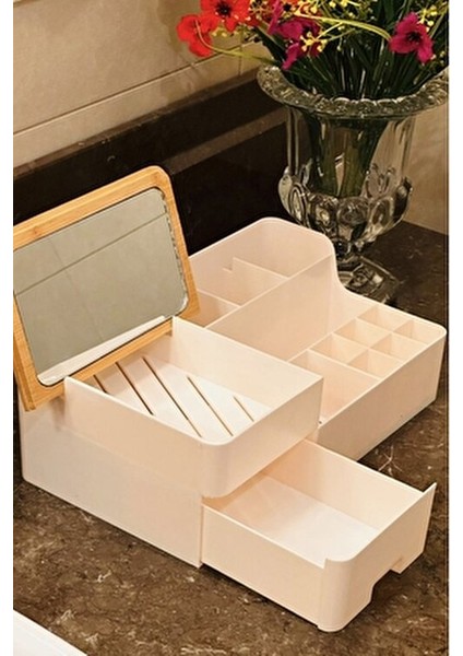 Bambu Aynalı Kozmetik Takı Makyaj Organizer, 29 x 17,5 x 10 Cm, Portatif Bambu Aynalı