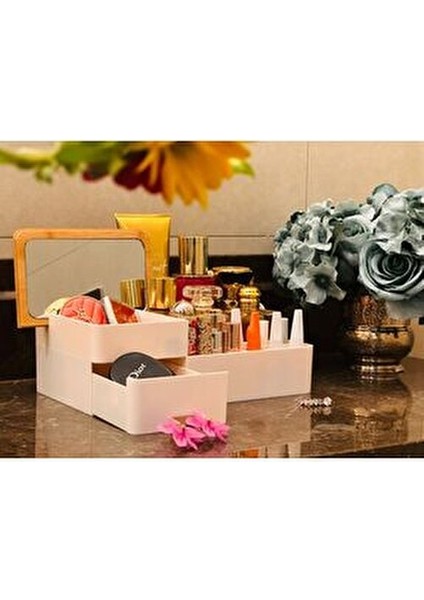 Bambu Aynalı Kozmetik Takı Makyaj Organizer, 29 x 17,5 x 10 Cm, Portatif Bambu Aynalı