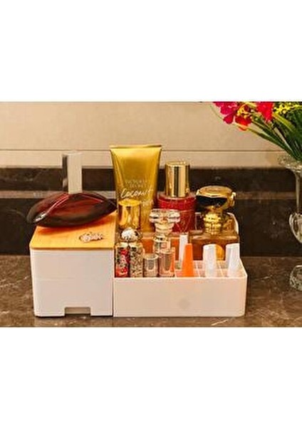 Bambu Aynalı Kozmetik Takı Makyaj Organizer, 29 x 17,5 x 10 Cm, Portatif Bambu Aynalı