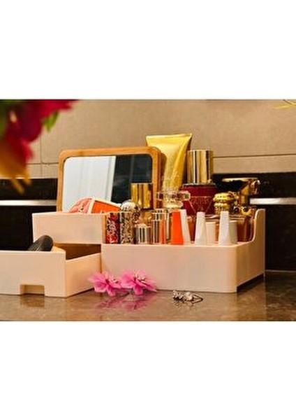 Bambu Aynalı Kozmetik Takı Makyaj Organizer, 29 x 17,5 x 10 Cm, Portatif Bambu Aynalı