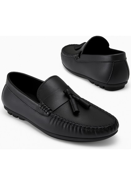 GR0297 Hakiki Yumuşak Deri 39 Numara Küçük Numara Bağcıksız Siyah Babet Püsküllü Loafer Ayakkabı fırsatları