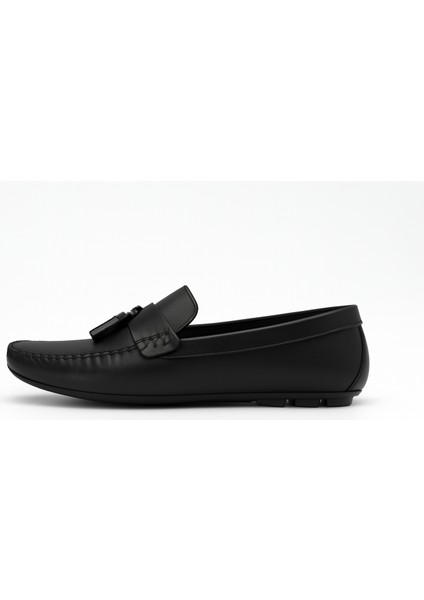 GR0297 Hakiki Yumuşak Deri 39 Numara Küçük Numara Bağcıksız Siyah Babet Püsküllü Loafer Ayakkabı
