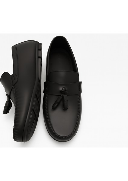 GR0297 Hakiki Yumuşak Deri 39 Numara Küçük Numara Bağcıksız Siyah Babet Püsküllü Loafer Ayakkabı
