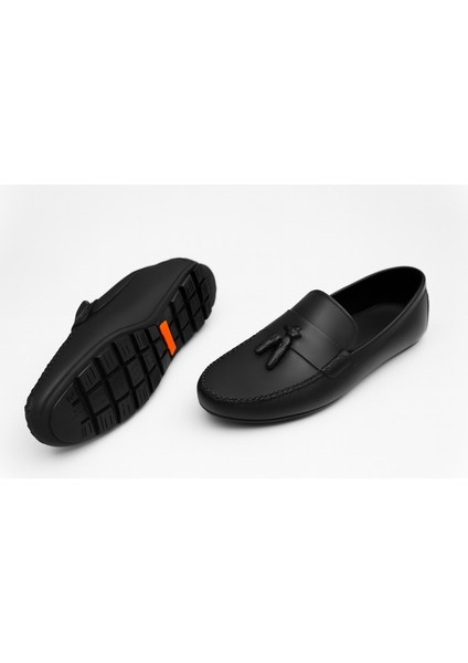 GR0297 Hakiki Yumuşak Deri 39 Numara Küçük Numara Bağcıksız Siyah Babet Püsküllü Loafer Ayakkabı