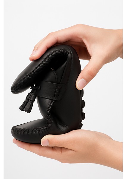 GR0297 Hakiki Yumuşak Deri 39 Numara Küçük Numara Bağcıksız Siyah Babet Püsküllü Loafer Ayakkabı