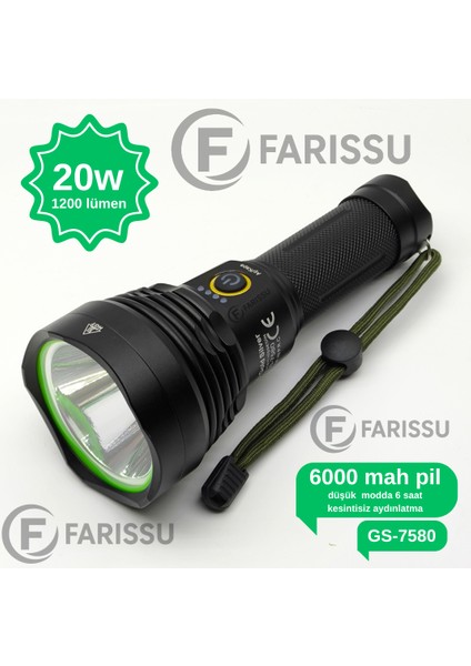 Gold Silver GS-7580 Profesyonel Şarjlı El Feneri - 20W, 1200 Lümen, 6000 Mah Batarya