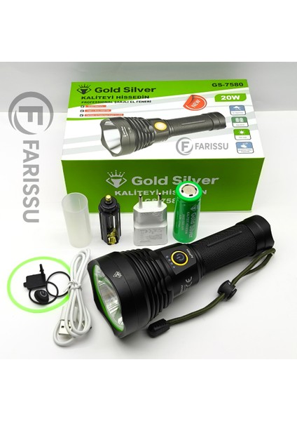 Gold Silver GS-7580 Profesyonel Şarjlı El Feneri - 20W, 1200 Lümen, 6000 Mah Batarya fiyatları