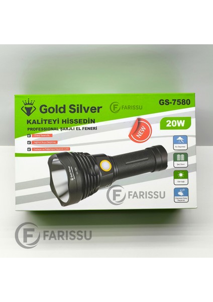 Gold Silver GS-7580 Profesyonel Şarjlı El Feneri - 20W, 1200 Lümen, 6000 Mah Batarya