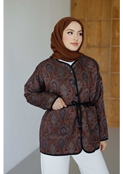 Etnik Desenli Ceket Bordo-Kahve
