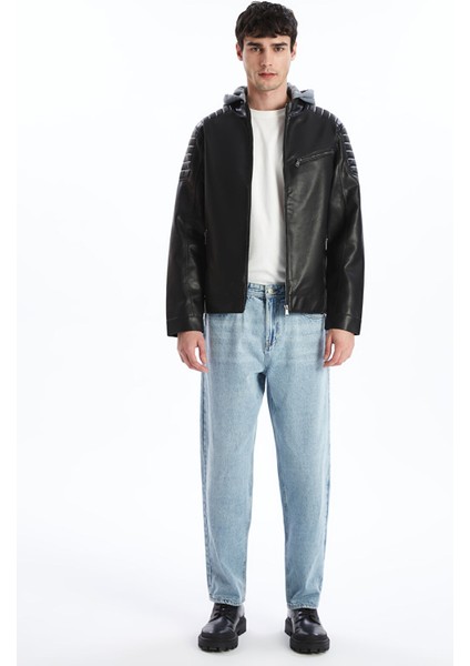 Yeni Sezon Slim Fit Kapüşonlu Erkek Deri Görünümlü Ceket fiyatları