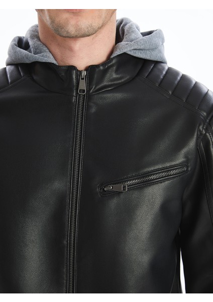 Yeni Sezon Slim Fit Kapüşonlu Erkek Deri Görünümlü Ceket modelleri