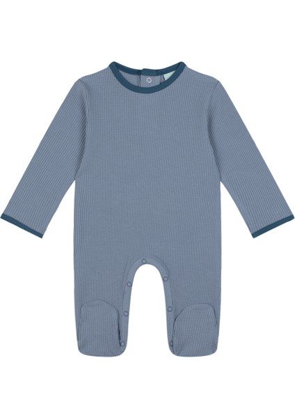 Kontrast Mavi Waffle Pamuklu Unisex Bebek Tulum