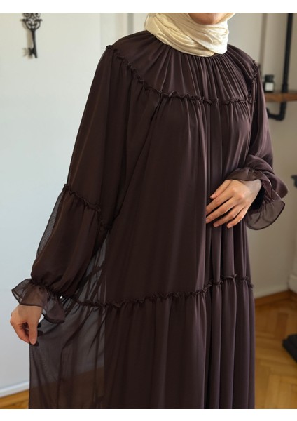 Acı Kahve Reglan Kol Büzgülü Şifon Elbise 1005