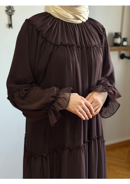 Acı Kahve Reglan Kol Büzgülü Şifon Elbise 1005 fiyatları