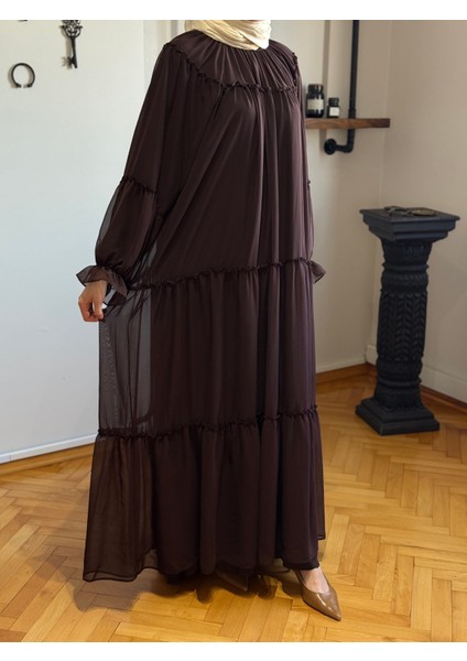 Acı Kahve Reglan Kol Büzgülü Şifon Elbise 1005 modelleri