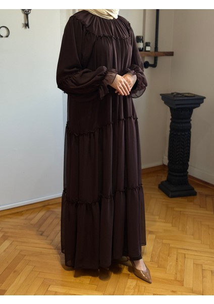 Acı Kahve Reglan Kol Büzgülü Şifon Elbise 1005 fırsatları