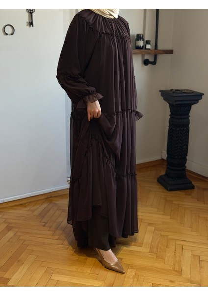 Acı Kahve Reglan Kol Büzgülü Şifon Elbise 1005 indirimleri