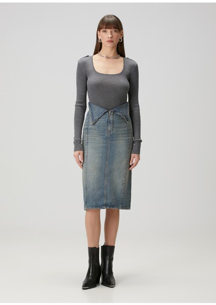 Mavi Midi Denim Etek