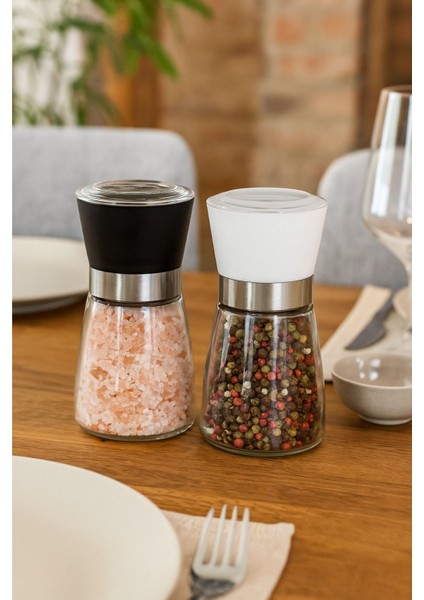 Baharat Öğütücüsü, Cam Gövdeli Kapaklı 10 cm 2 Adet, Siyah Beyaz Tuz Karabiber Değirmeni fiyatları