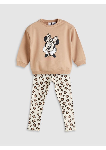 Yeni Sezon Minnie Mouse Baskılı Kız Bebek Sweatshirt ve Tayt 2'li