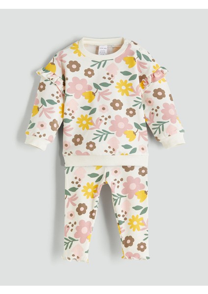 Yeni Sezon Bisiklet Yaka Çiçekli Kız Bebek Sweatshirt ve Tayt 2'li