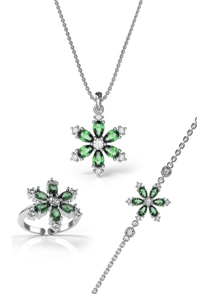 925 Ayar Zümrüt Taşlı Rodyum Lotus Çiçeği 3'lü Gümüş Set modelleri