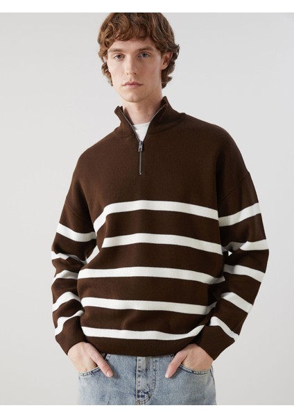 Yeni Sezon Dik Yaka Uzun Kollu Çizgili Erkek Triko Kazak
