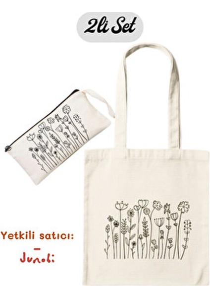 Çiçek Desenli Bez Çanta ve Kalemlik 2’li Avantaj Seti-35*40 cm