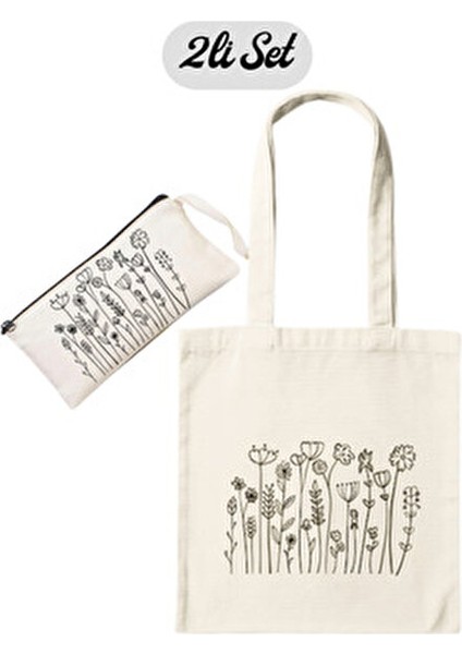 Çiçek Desenli Bez Çanta ve Kalemlik 2’li Avantaj Seti-35*40 cm fiyatları