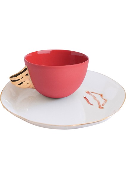 Volans Kırmızı Kiss Porselen Kahve Fincanı ve Tabağı