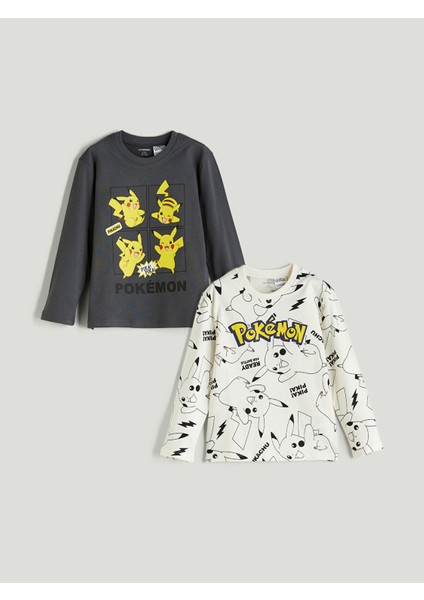 Yeni Sezon Bisiklet Yaka Pikachu Baskılı Erkek Çocuk Tişört 2'li