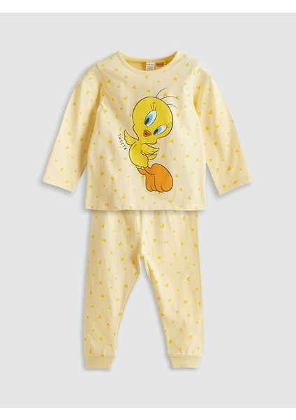 Yeni Sezon Bisiklet Yaka Tweety Baskılı Kız Bebek Pijama Takımı