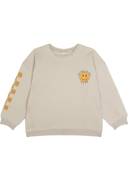 Smiley Krem Rengi Uzun Kollu Unisex Çocuk Sweatshirt