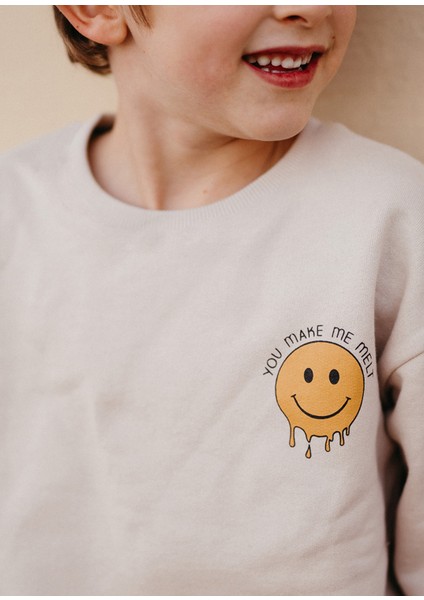 Smiley Krem Rengi Uzun Kollu Unisex Çocuk Sweatshirt modelleri